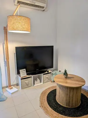 a living room with a flat screen tv and a coffee table at L'instant sorgue in LʼIsle-sur-la-Sorgue