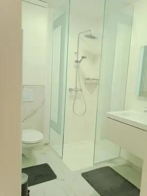 a white bathroom with a shower and a toilet at Villa Lambesc Provence in Lambesc