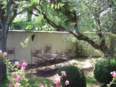 a table and chairs in a garden with a tree at Maison provençale avec piscine in Loriol-du-Comtat
