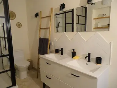 a bathroom with a sink and a toilet and a mirror at Maison avec terrasse panoramique in Châteauneuf-de-Gadagne