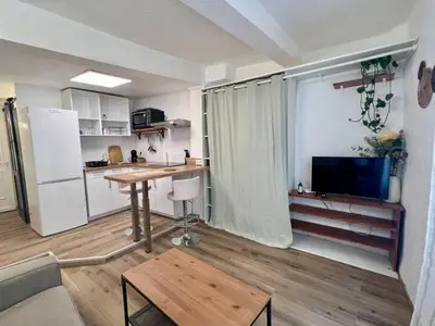 a living room with a kitchen and a table in a room at Studio centre historique à Carpentras in Carpentras