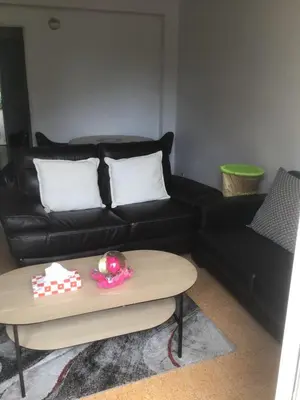 a living room with a black couch and a coffee table at Ayoug Chambre Individuelle Chez Habitat in Carpentras