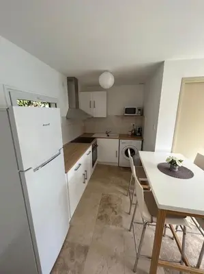 a kitchen with a table and a white refrigerator at Maison de vacances en campagne in Cavaillon