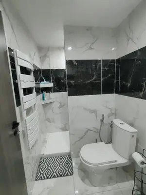 a bathroom with a white toilet and black and white marble walls at Appart 1 ch rénové avec piscine in Morières-lès-Avignon