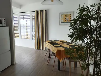 a dining room with a table and a plant at Appartement climatisé au coeur de la Provence lac et parcs d'attractions 10mn Avignon in Monteux