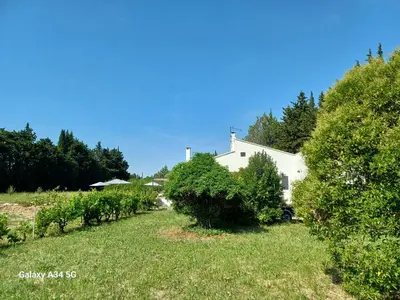 a garden with trees and a white building at La Maison de Papé et Mamé in LʼIsle-sur-la-Sorgue