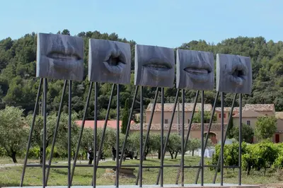 a group of metal signs with eyes on them at Domaine des Peyre in Robion en Luberon