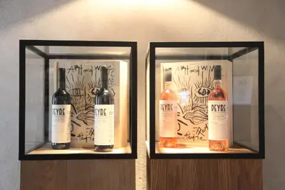 two bottles of wine are sitting in glass cases at Domaine des Peyre in Robion en Luberon