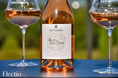 a bottle of wine sitting next to two glasses at Bastide Domaine Tour Campanets in Le Puy-Sainte-Réparade