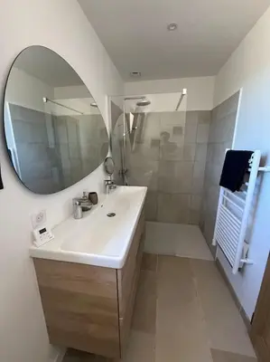 a bathroom with a sink and a mirror at Havre de paix sur Roussillon in Roussillon