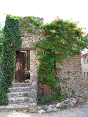a stone building with red flowers on it at maison familiale in Saint-Trinit