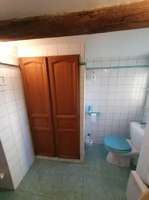 a bathroom with a toilet and a wooden door at La Villa St Antoine in LʼIsle-sur-la-Sorgue
