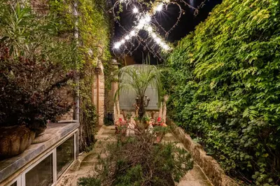a garden with plants and lights on a wall at L'unique in Goult