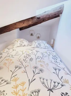 a bed with a floral bedspread and two pillows at T2 Havre de paix nature cœur d Aix in Aix-en-Provence