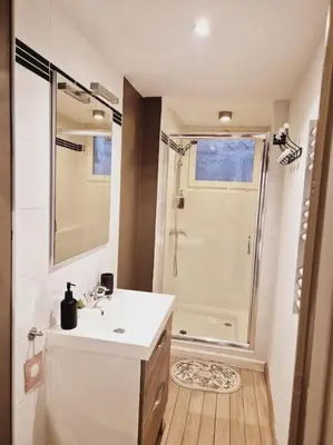 a bathroom with a white sink and a shower at T2 Havre de paix nature cœur d Aix in Aix-en-Provence
