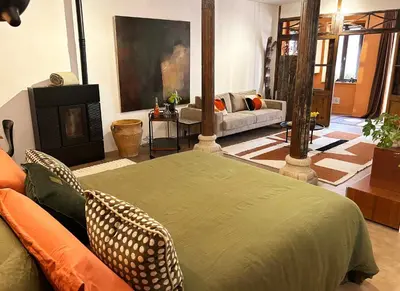 a living room with a couch and a fireplace at La Cigalou - Bonnieux Centre in Bonnieux