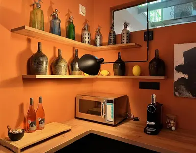 a microwave on a counter with bottles on shelves at La Cigalou - Bonnieux Centre in Bonnieux