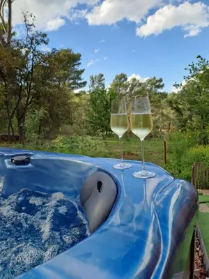 two glasses of wine sitting on a hot tub at La Pinède de Venelles Jacuzzi privatif in Venelles