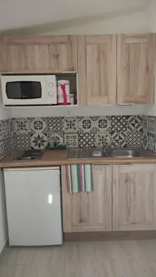 a kitchen with a sink and a microwave at Au Petit Luberon in Cheval-Blanc