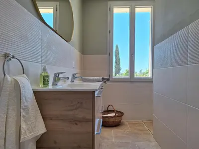 a bathroom with a sink and a mirror at Mas Les Figuières in Monteux