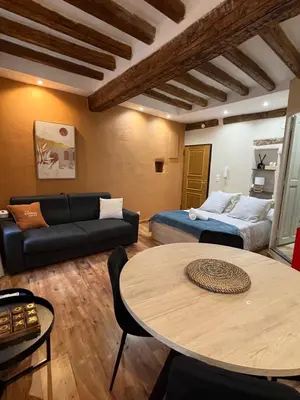 a living room with a couch and a table at Logement studio avec vue sur le centre Historique in LʼIsle-sur-la-Sorgue