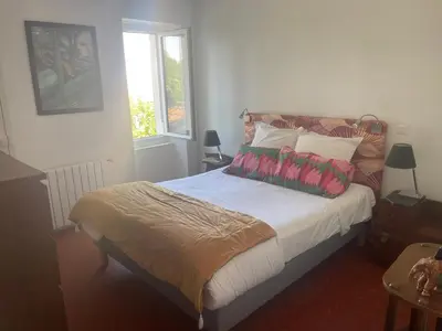 a bedroom with a bed with a red pillow on it at Bastide de la Couloubre in Mallemort