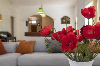 a vase filled with red flowers in a living room at superb prestige property with indoor heated swimming pool, seminar room and tennis court in mouries, in the alpilles in provence – 16 people in Mouriès