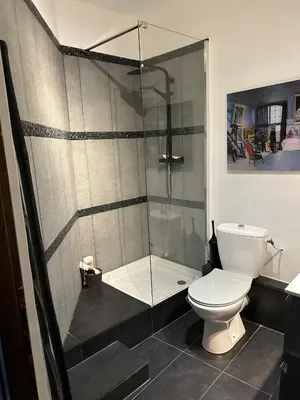a bathroom with a shower and a toilet at Chambre 2 dans Mas chez Sofi in Maubec