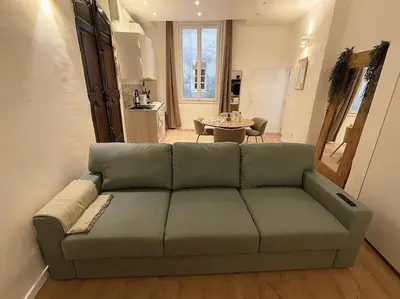 a living room with a green couch and a table at T2 Cosy - Place des Cardeurs in Aix-en-Provence