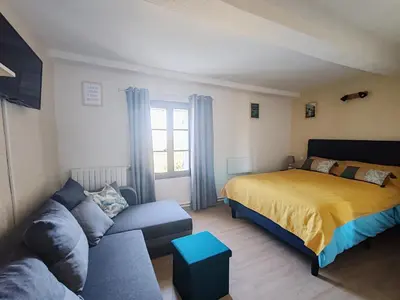 a living room with a bed and a couch at Chambres d'hôtes L'Amphitryon 5 CHAMBRES in Villemus