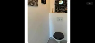 two pictures of a bathroom with a black toilet at Le jardin de Vaumartin in Meyrargues