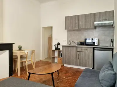a kitchen and a living room with a couch and a table at Studio centre historique 2 in Aix-en-Provence