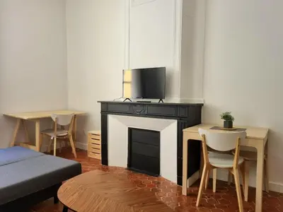 a living room with a fireplace with a tv on top at Studio centre historique 2 in Aix-en-Provence