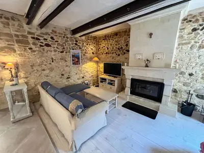 a living room with a couch and a fireplace at Mazet des Balestiés cœur Luberon 120 m2 6 pers avec piscine in Gargas