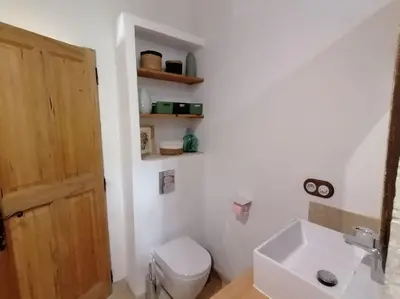a bathroom with a white toilet and a sink at Le Mazet d'Alexis in Maubec