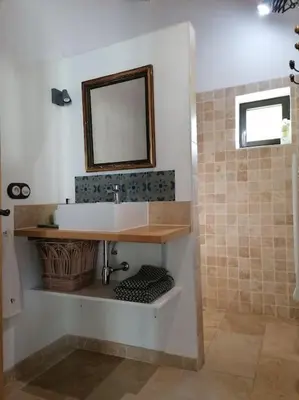a bathroom with a sink and a mirror at Le Mazet d'Alexis in Maubec