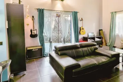 a living room with a leather couch and guitars on the wall at La Maison Bleue in LʼIsle-sur-la-Sorgue