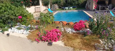 a swimming pool with flowers in front of a house at Chez Lucho et carole in La Bastidonne