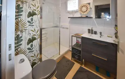 a bathroom with a toilet and a sink and a shower at Nice Apartment In L'isle-Sur-La-Sorgue in LʼIsle-sur-la-Sorgue