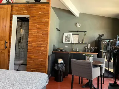 a room with a table and a sink and a bathroom at Studio Le Pitchoun in Pernes-les-Fontaines
