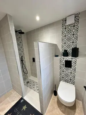 a white bathroom with a toilet and a shower at Les Cachots in Roussillon