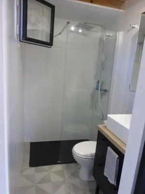a bathroom with a shower and a toilet and a sink at Le grangeon des Hermas in Sault-de-Vaucluse