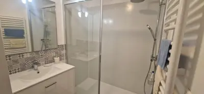 a bathroom with a shower and a sink at Appartement, 1 chambre, jardin privatif in Venelles