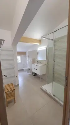 a bathroom with a shower and a sink and a toilet at Le PEROTIN in Villes-sur-Auzon