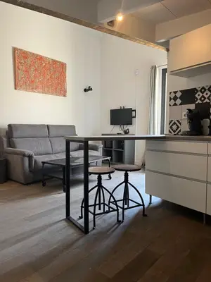 a living room with a table and a couch at Le Loft de Roxane Centre historique Aix en Provence in Aix-en-Provence