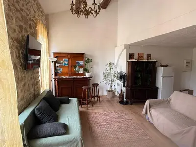 a living room with a couch and a table at Chez Dragos centre ville Lauris in Lauris