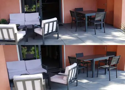 two pictures of a table and chairs on a patio at Madehouse - T3 indépendant-Piscine-Centre ville Aix à pied-Stationnement gratuit dans la rue in Aix-en-Provence