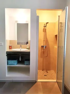 a bathroom with a sink and a shower at Aix en Provence charmante villa piscine cadre verdoyant 6 personnes in Aix-en-Provence