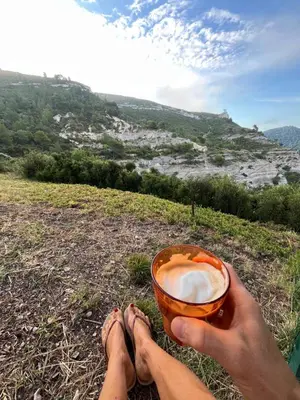 a person holding a glass of wine in a field at Villa BELVENTO, superbe villa au calme, piscine, vue incroyable ! in Ventabren