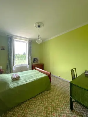 a green bedroom with a bed and a window at Chambre de 2 personnes dans Mas de Lubéron in Robion en Luberon